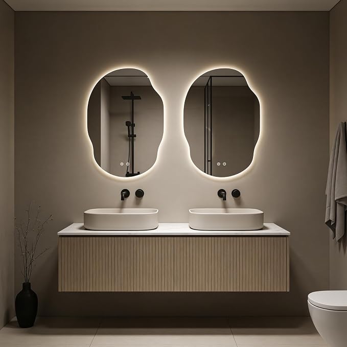 Asymmetrical Bathroom Mirror with Lights, Irregular LED Backlit Vanity Mirror, 31" H x 22" W, Anti-Fog, Dimmable Lighting with 3 Color Temp, Memory, Hardwired, Vertical or Horizontal Mount