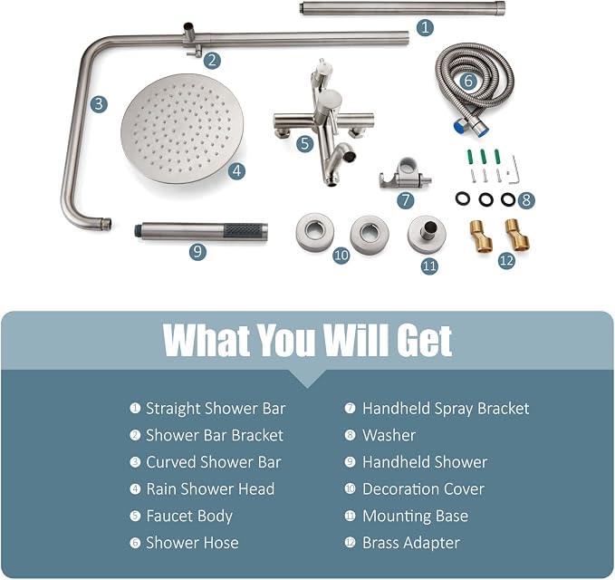 Aolemi Outdoor Shower SUS304 Outside Kit Handheld Tub Spout Brushed Nickel | 8 Inch Head, Handheld Spray, Swivel Tub Faucet, Adjustable Height,Outside Exposed Shower Fixture,Single Handle,Wall Mount