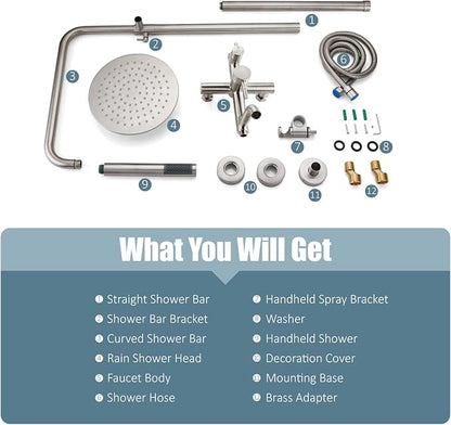 Aolemi Outdoor Shower SUS304 Outside Kit Handheld Tub Spout Brushed Nickel | 8 Inch Head, Handheld Spray, Swivel Tub Faucet, Adjustable Height,Outside Exposed Shower Fixture,Single Handle,Wall Mount