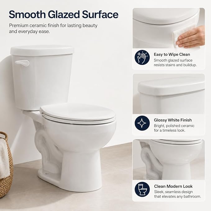 16.3" ADA Height Elongated Two Piece Toilet, Modern White Ceramic Bathroom Toilet with Side Push Handle, Locking PP Lid, 1.28 GPF Water Efficient Flush, cUPC Certified