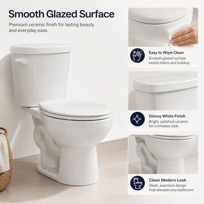 16.3" ADA Height Elongated Two Piece Toilet, Modern White Ceramic Bathroom Toilet with Side Push Handle, Locking PP Lid, 1.28 GPF Water Efficient Flush, cUPC Certified
