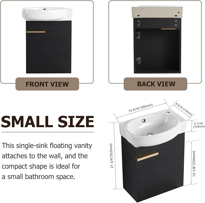 17'' Wall Mounted Bathroom Vanity Sink Combo for Small Space, Modern Bathroom Vanity Set with Ceramic Sink Top, Hanging Garage Vanities Compact Floating Small Cabinet for Bath Room, Black