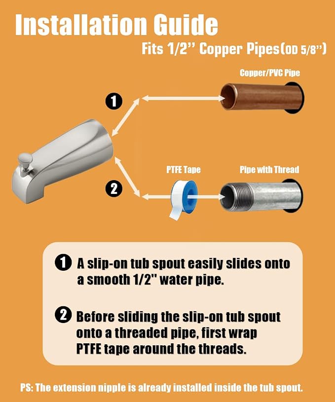 Tub Spout with Diverter, Slip On Bathtub Spout Fits 1/2'' Copper Tube(5/8'' Dia), Bathroom Tub Faucet with PTFE Tape & Hex Wrench, Brushed Nickel
