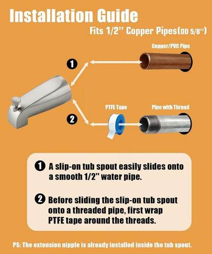 Tub Spout with Diverter, Slip On Bathtub Spout Fits 1/2'' Copper Tube(5/8'' Dia), Bathroom Tub Faucet with PTFE Tape & Hex Wrench, Brushed Nickel