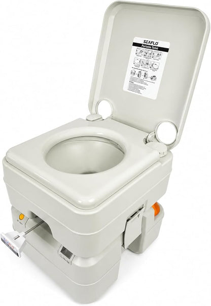 SEAFLO Premium Camping Portable Toilet - 5.8 Gallon Waste 3.43 Gall Fresh Tank (100 Flushes), 440 lbs Max Weight, Level Indicator, Sealed Waste Tank for RV, Boat, Elderly, Off-Grid, 4-Year Warranty