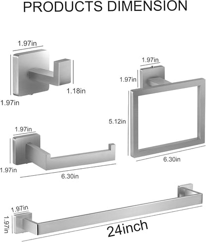 10-Piece Square Bathroom Hardware Set with 24" Towel Bar x2, Toilet Paper Holder x2, Towel Hook x4, Towel Ring x2, Wall Mounted Stainless Steel Bathroom Accessories for Modern Bathroom Decor