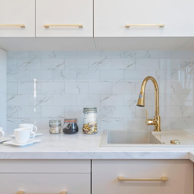 Yipscazo Peel and Stick backsplash 3 x 6 Inches 3D PVC Composite Wall Tile Stick on Backsplash Tile for Kitchen (Polished Carat Gold, 2-Pack)