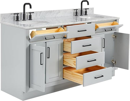 ARIEL Hepburn 66-inch Bathroom Vanity with Sink,Solid Wood, 0.75-inch Italian Carrara Marble Countertop & Backsplash, Double Oval Porcelain Sink, 4 Soft Closing Doors, 6 Dovetail Drawers, Grey