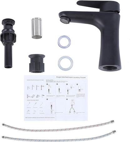 VAPSINT Black Bathroom Faucet 1 Hole, Matte Black Single Handle Bathroom Sink Faucet, Single Hole Stainless Steel Modern Vanity Faucets for Vessel RV with Water Supply Hoses and Pop Up Drain