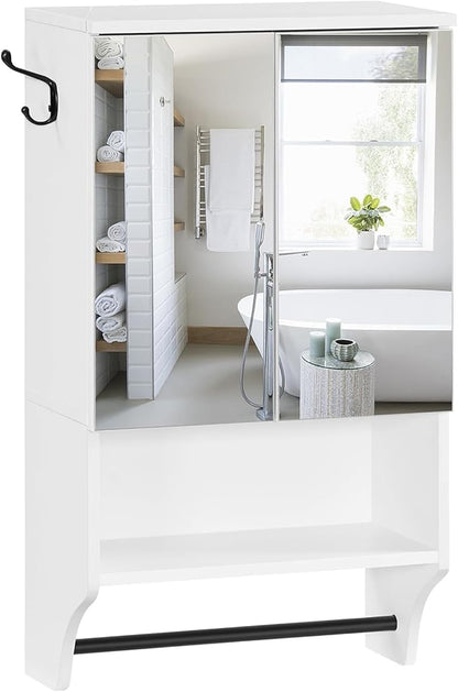 Bathroom Wall Cabinet with Mirror, Medicine Cabinet with 2 Door and Adjustable Shelf, Wall Mounted Over The Toilet Storage Cabinet with Towel Bar for Bathroom Laundry Room Kitchen, White