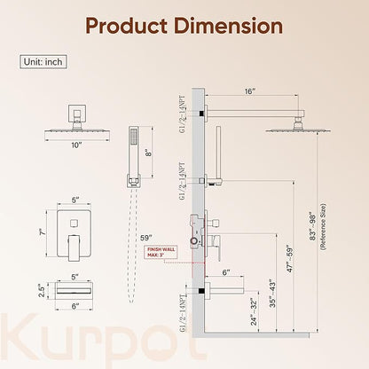 Shower System with Tub Spout, All Metal Matte Black Shower Faucet Set with Valve, 10'' Rain Shower Head with Handheld Spray, 59'' Shower Hose and Diverter, Wall Mounted Bath Tub Faucet Set