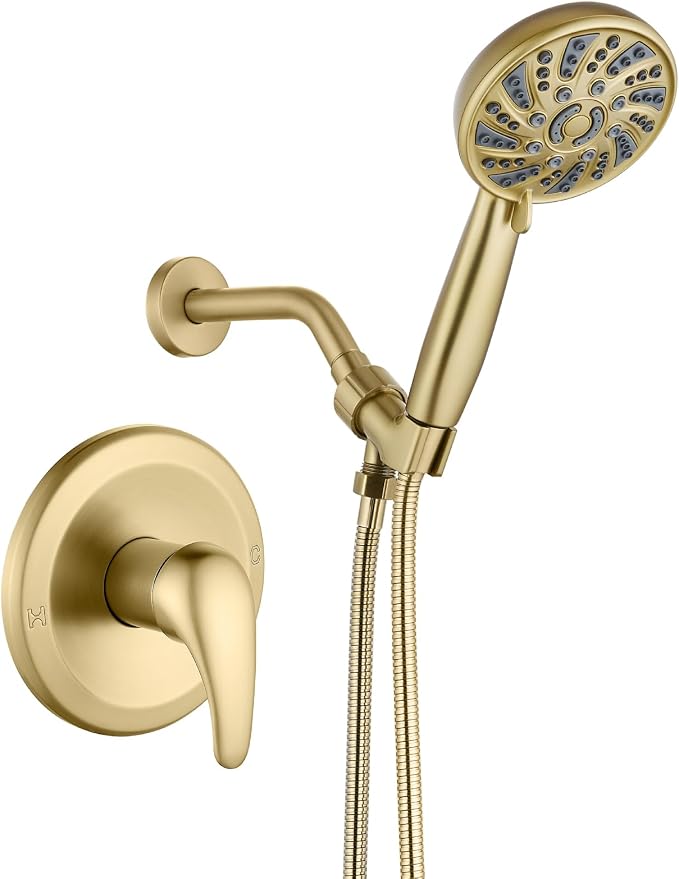 gotonovo Shower Faucet Set with Valve Kit 6 Mode Handheld Brushed Gold | Bathroom Shower Head and Handle Set,6 Modes ABS Handheld Spray,Pressure Balance Valve and Trim Kit Complete,Single-Handle