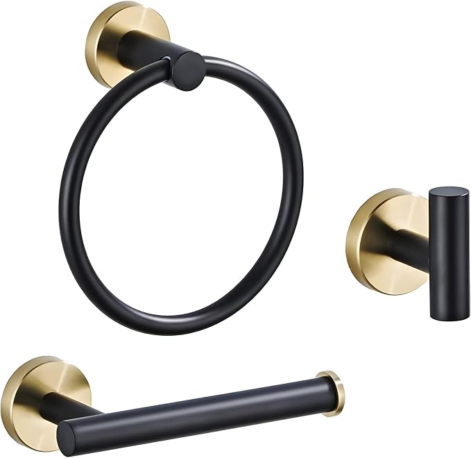 3-Piece Black and Gold Bathroom Hardware Set, Stainless Steel, Wall Mounted | Bathroom accessories set includes hand towel ring, toilet paper holder and robe hook, stainless steel wall-mounted desig