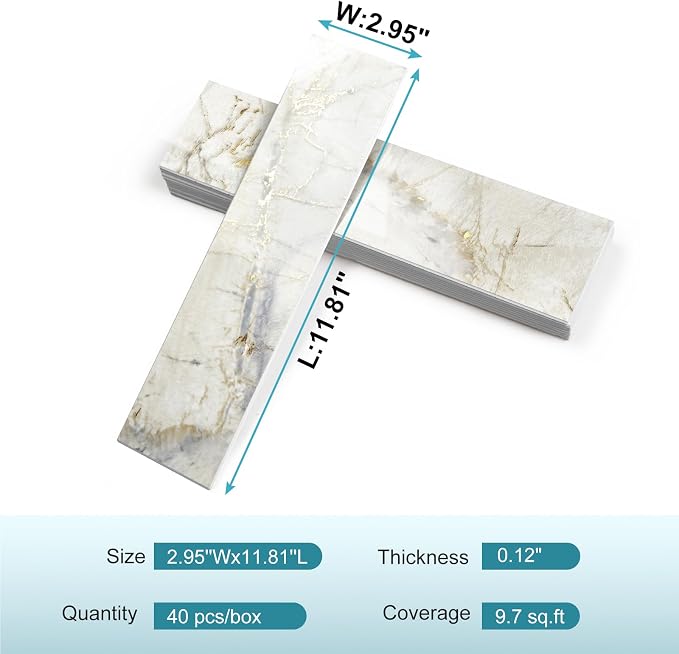 Vamos Tile Peel and Stick Backsplash, Glossy 40-Piece 3''x12'' Subway Tile | Pandora Marble with White Grout Wall Tile,PVC Faux Stone Stick on Subway Tiles for Kitchen,Bathroom,Laundry,Camper,Fireplace
