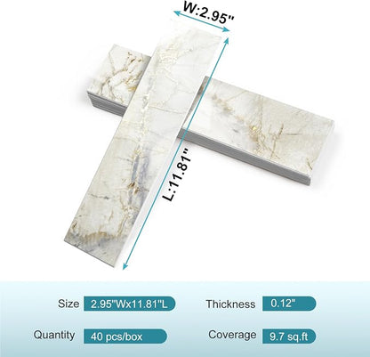 Vamos Tile Peel and Stick Backsplash, Glossy 40-Piece 3''x12'' Subway Tile | Pandora Marble with White Grout Wall Tile,PVC Faux Stone Stick on Subway Tiles for Kitchen,Bathroom,Laundry,Camper,Fireplace