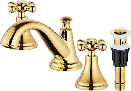 Gold Bathroom Faucet Vintage Widespread Faucets 3-Hole Sink Faucet with Drain Assembly Solid Brass Drip-Free Ceramic Cartridge Adjustable 8-16 Inch Installation