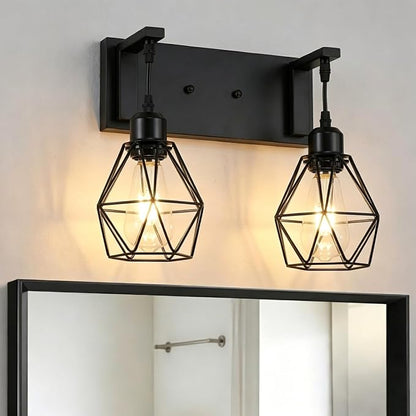 Somniferous Farmhouse Bathroom Light Fixtures, 2 Light Bathroom Vanity Light Over Mirror, Black Bathroom Light with Caged Metal Shade, Rustic Wall Sconce for Bedroom, Living Room, Hallway, E26 Socket