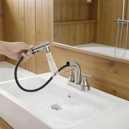 FRANSITON Bathroom Faucets with Pull Out Sprayer, 4 Inch Brushed Nickel Bathroom Faucet 3 Hole, 2 Handle Pull Down Sprayer Bathroom Sink Faucet with 360 Swivel Spout (Brushed Nickel)