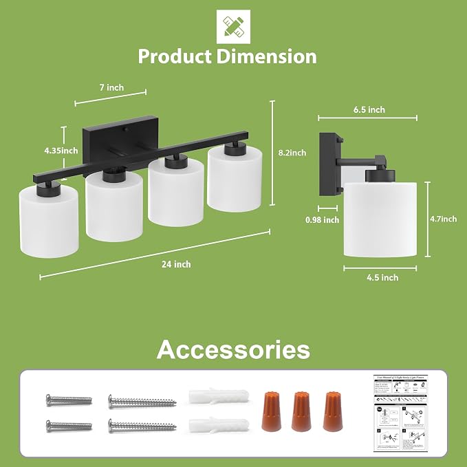 Honesorn 4-Light Vanity Lights, Matte Black Bathroom Light Fixtures | Black Bathroom Vanity Light, Wall Sconces with Milky White Frosted Shades Bedroom,E26 Socket(Bulbs Not Included)