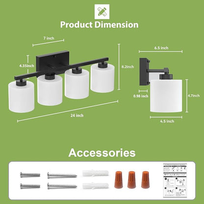 Honesorn 4-Light Vanity Lights, Matte Black Bathroom Light Fixtures | Black Bathroom Vanity Light, Wall Sconces with Milky White Frosted Shades Bedroom,E26 Socket(Bulbs Not Included)