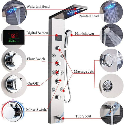FUZ Contemporary Shower Panel Tower System Stainless Steel 6-Function Faucet LED Rainfall Waterfall Shower Head + Handheld Sprayer + Rain Massage Body Jets + Tub Spout,Brushed Nickel