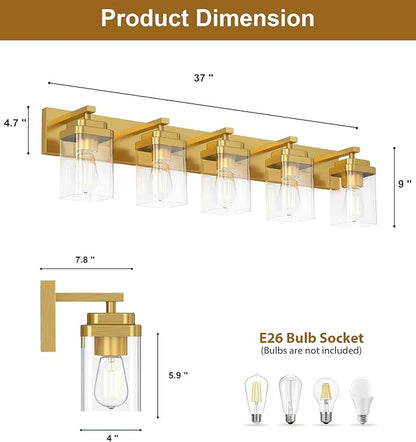 Brushed Gold Bathroom Light Fixtures, 5 Lights Bathroom Lighting Fixtures Over Mirror, Square Design & Rectangle Large Backplate, Modern Vanity Lighting Fixtures, for Living Room/Bedroom