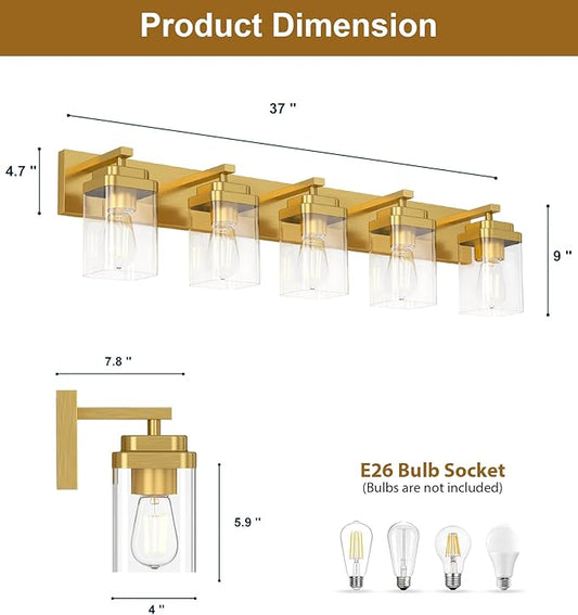 Brushed Gold Bathroom Light Fixtures, 5 Lights Bathroom Lighting Fixtures Over Mirror, Square Design & Rectangle Large Backplate, Modern Vanity Lighting Fixtures, for Living Room/Bedroom