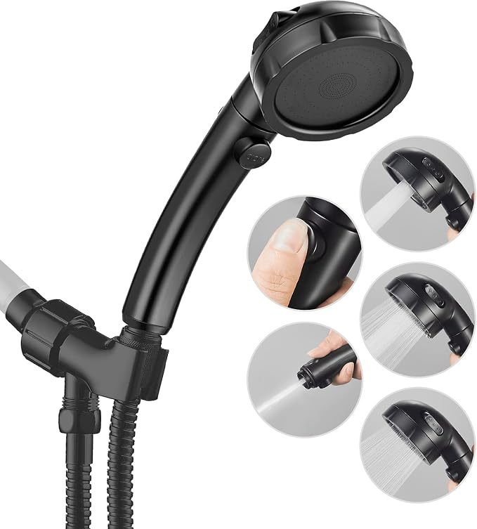 JONKEAN High Pressure Shower Head with Hose for RV Black | Water Saving Handheld with 3 Spray Modes, On Off Switch Shower, Detachable, With Angle-Adjustable Bracket