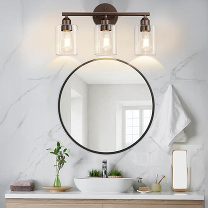 3-Light Bathroom Vanity Light Fixture, Modern Wall Lamp for Mirror with Clear Glass Shade (D-Clear Glass & Brown)