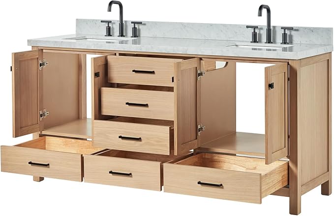 ARIEL Cambridge 72-inch Bathroom Vanity with Sink,Solid Wood, 1.5-inch Italian Carrara Marble Countertop, Double Rectangular Porcelain Sink, 4 Soft Closing Doors, 6 Dovetail Drawers, White Oak