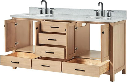 ARIEL Cambridge 72-inch Bathroom Vanity with Sink,Solid Wood, 1.5-inch Italian Carrara Marble Countertop, Double Rectangular Porcelain Sink, 4 Soft Closing Doors, 6 Dovetail Drawers, White Oak