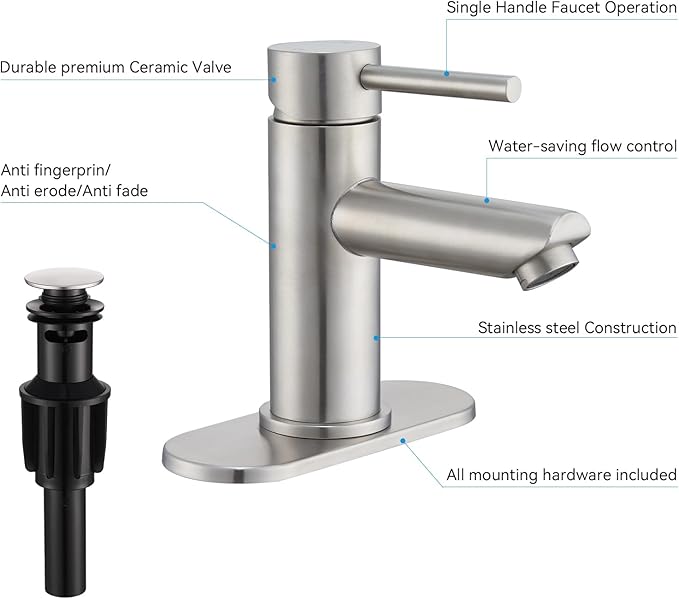 Brushed Nickel Bathroom Faucets Stainless Steel Single Handle Bathroom Sink Faucets 1 Hole or 3 Holes with Pop-up Drain for RV Vanity
