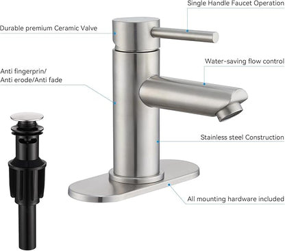 Brushed Nickel Bathroom Faucets Stainless Steel Single Handle Bathroom Sink Faucets 1 Hole or 3 Holes with Pop-up Drain for RV Vanity