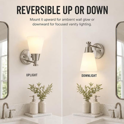 1-Light Bathroom Vanity Light, Brushed Nickel Finish Wall Sconce with Milk Glass, Over Mirror, for Bathroom Vanity