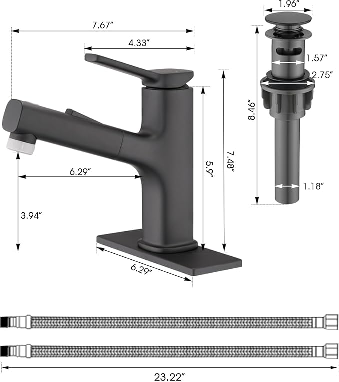 Pull Out Bathroom Faucet, Single Handle Bathroom Sink Faucet with Pull Out Sprayer, Bathroom Faucet for Sink, with Pop-up Drain & Deck Plate 1 or 4-inch Centerset 3 Hole, Matte Black