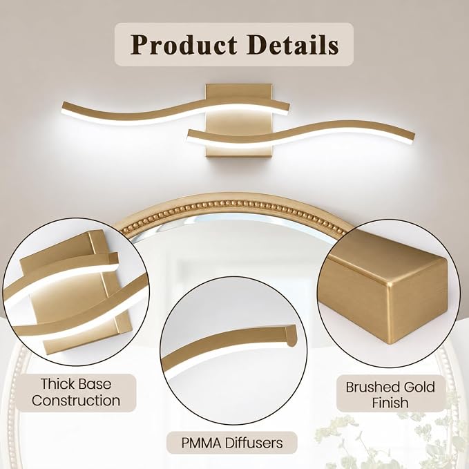 23.62inch Gold LED Vanity Light, 5CCT Dimmable Modern Bathroom Light Fixture Over Mirror, Modern Wall Lamp 5500K for Bathroom Bedroom,2 Packs