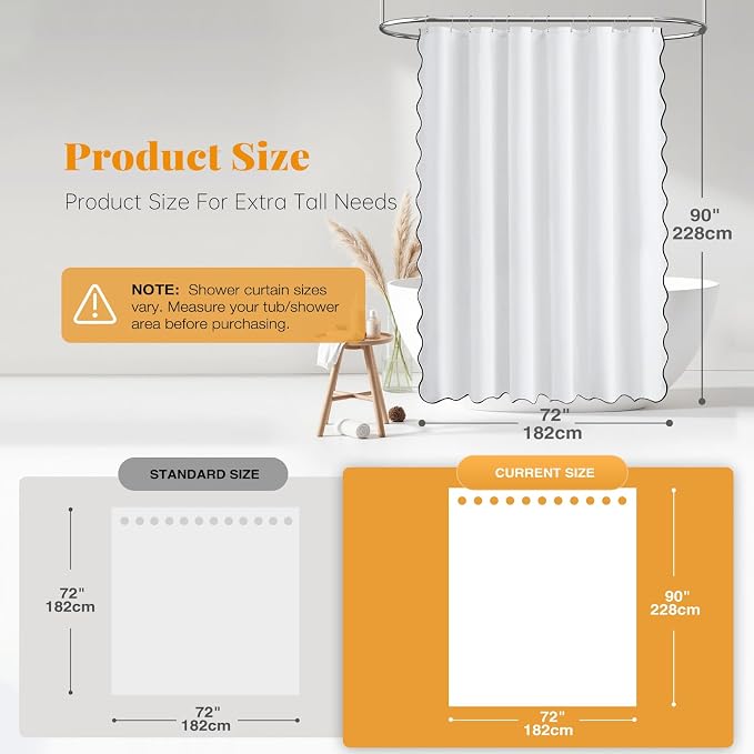 BTTN 72x90 Boho Scalloped Linen Textured Cloth Shower Curtain Set, White | Long Size, 230GSM Waterproof Polyester, Heavy Duty Fabric, 12 Plastic Hooks, Elegant Modern Farmhouse Style, Machine Washable