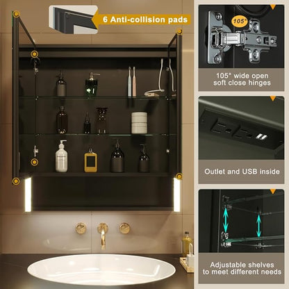 KWW LED Lighted Bathroom Medicine Cabinet with Sockets & USBs, Defogger, Dimmable, 3 Color Light Makeup Mirror, Easy to Install, Wall Mounted Cabinet (2 door-31 * 34)
