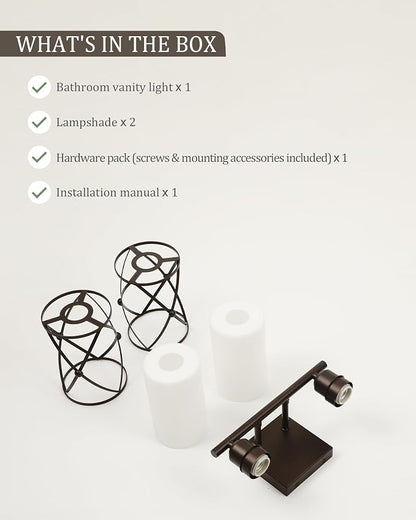 2-Light Oil Rubbed Bronze Bathroom Light Fixtures Over Mirror, 13.2" UL-Listed Modern Farmhouse Wall Sconce Lights with Milk White Frosted Glass and Metal Cage for Bath, E26, CH9176ORBW-2W