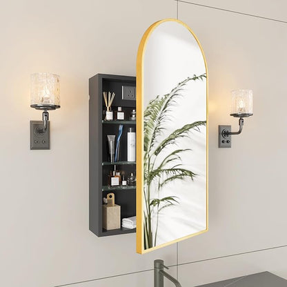 FKWin Medicine Cabinet Mirror with Power Outlet, Surface Mount, 20x34 Inch | Built-in Power Outlet, Adjustable Bathroom Storage, Reversible Left or Right Door, Surface Mount Design, Gold