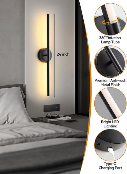 24" Black Battery Operated Wall Sconce, Remote & Touch Control | 3000K-6000K Dimmable LED Rechargeable Wall Light, Wireless Sconces wall Decor with Timer, Wall Lamp for Bedroom, Living Room