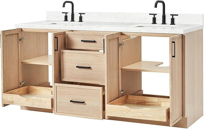 ARIEL Kelly 72-inch Bathroom Vanity with Sink,Solid Wood, 1.5-inch Carrara White Quartz Countertop, Double Rectangular Porcelain Sink, 4 Soft Closing Doors, 5 Dovetail Drawers, White Oak