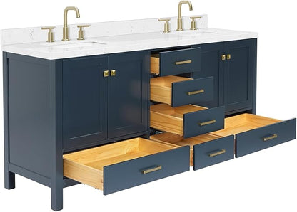 DKB Beckford 72 Inch Bathroom Vanity Double Sink — Midnight Blue Bathroom Vanity with Sink, 1.5" Edge Carrara White Quartz Countertop & Backsplash, 4 Soft-Close Doors, 6 Dovetail Drawers