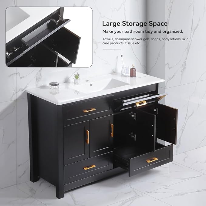 LZ LEISURE ZONE 48" Bathroom Vanity with Ceramic Sink Combo, Abundant Cabinet -4 Soft Close Doors and 4 Drawers, Black