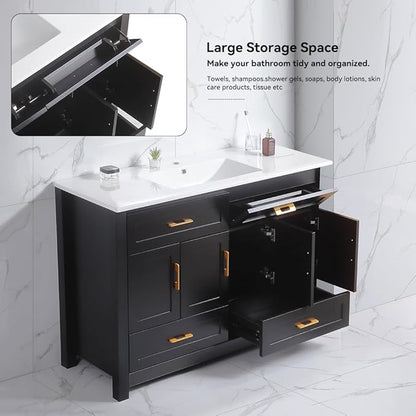 LZ LEISURE ZONE 48" Bathroom Vanity with Ceramic Sink Combo, Abundant Cabinet -4 Soft Close Doors and 4 Drawers, Black