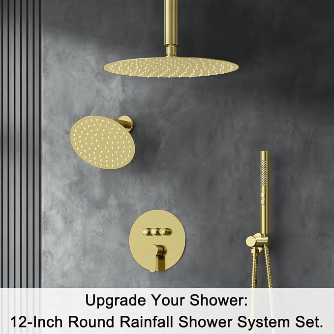Shower Systems Round Shower Faucet Set, 12+6" Dual Rainfall Shower head with 2 in 1 Handheld Spray, Ceiling Mount Push Button Shower Set with Valve and Trim Kit Brushed Gold,Can Use All at Once