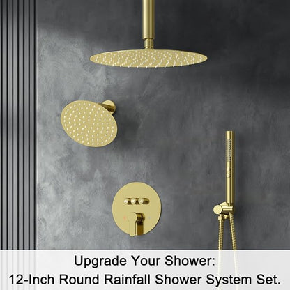 Shower Systems Round Shower Faucet Set, 12+6" Dual Rainfall Shower head with 2 in 1 Handheld Spray, Ceiling Mount Push Button Shower Set with Valve and Trim Kit Brushed Gold,Can Use All at Once