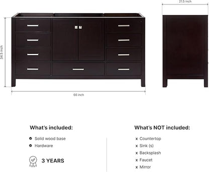 ARIEL Cambridge 66-inch Bathroom Vanity Base Cabinet,Solid Wood, 2 Soft Closing Doors, 9 Dovetail Drawers, Espresso