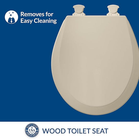 Bemis 500EC Durable Wood Toilet Seat with Easy Clean Hinges, Made in USA, Round, Almond (Pack of 2)