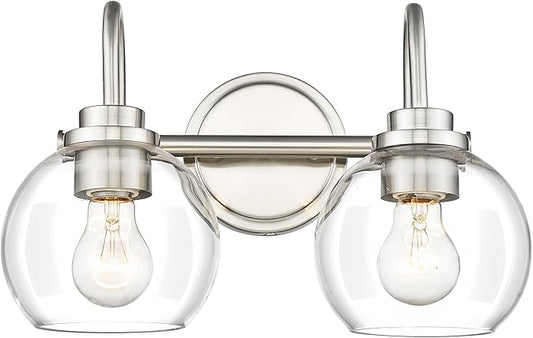 2-Light Bathroom Light Fixtures, Brushed Nickel Vanity Light with Globe Clear Glass Shade, Modern Vanity Lighting Fixtures Over Mirror, AD-22280-2W-SN